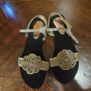Silver and Black Sandals with Floral Design